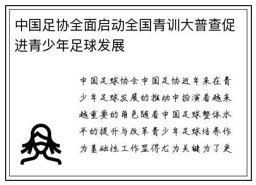 中国足协全面启动全国青训大普查促进青少年足球发展